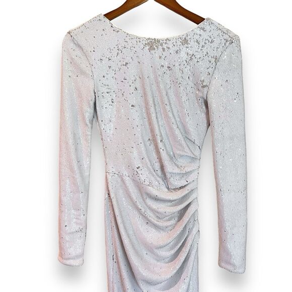 NWT Dress the Population White Emilia Sequin Long Sleeve Ruched Dress XXS $285 - Picture 4 of 10